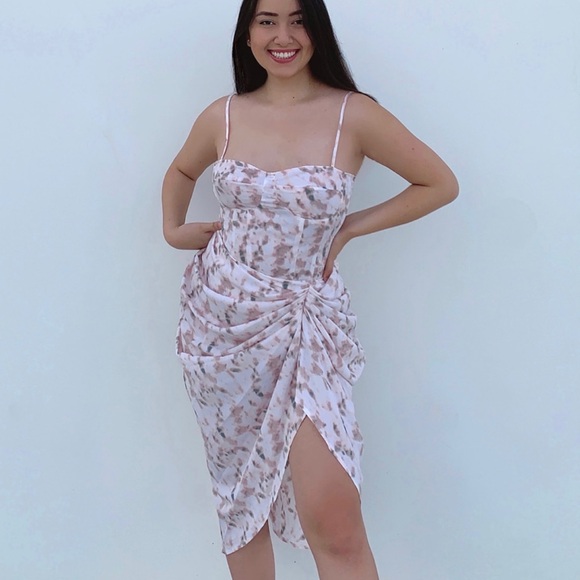 Light Pink Tie Dye Print Structured Corset Top & Ruched Side Midi Skirt SET - Picture 2 of 12